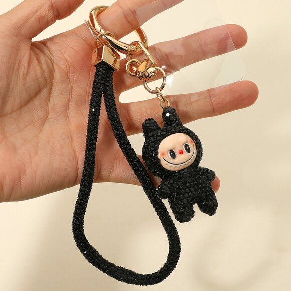 BLACK Bling Studded Monster Bunny Figure Phone Strap Keychain Bag Charm - Picture 3 of 5